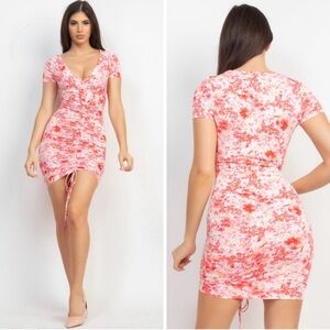 Short sleeve ruched bodycon floral print dress